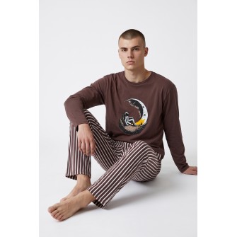 Koza Underwear ανδρική πυτζάμα βαμβακερή μακρυμάνικη με σχέδιο, κανονική γραμμή 96%cotton 4%elastane 26633-BROWN