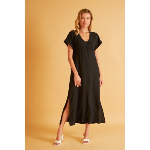 Harmony λινό φόρεμα θαλάσσης μακρύ κοντομάνικο σε μαύρο χρώμα με φαρδιά γραμμή και κορδόνι στην μέση 33-506602-BLACK