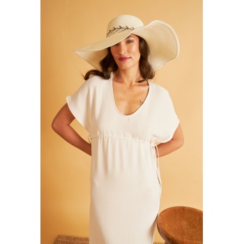 Harmony λινό φόρεμα θαλάσσης μακρύ κοντομάνικο σε χρώμα της άμμου με φαρδιά γραμμή και κορδόνι στην μέση 33-506602-SAND