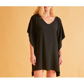 Harmony λινό φόρεμα θαλάσσης κοντό με κοντό μανίκι σε μαύρο χρώμα και φαρδιά γραμμή 33-506603-BLACK