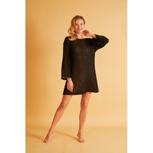 Harmony πλεκτό φόρεμα θαλάσσης σε μαύρο χρώμα με φαρδιά γραμμή και τρία τέταρτα μανίκι 33-506643-BLACK