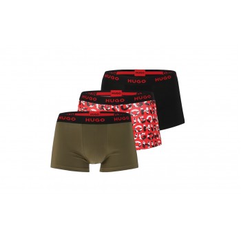 Hugo ανδρικά βαμβακερά  3pack boxers σε τρία χρώματα (μαύρο,print, χακί) με κόκκινο λάστιχο 50480170-306