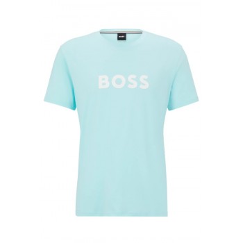Boss ανδρικό βαμβακερό crew neck t-shirt σε γαλάζιο χρώμα με λευκά γράμματα 50491706-356