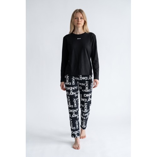 DKNY γυναικεία βαμβακερή πυτζάμα (homewear) σε μαύρο και λευκό χρώμα, άνετη γραμμή, 57%cotton,38%viscose,5%elastane YI80129-002