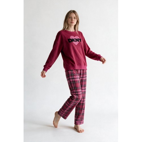 DKNY γυναικεία φλις πυτζάμα (homewear) σε μποντω χρώμα με καρο παντελόνι, άνετη γραμμή, 94%polyester, 6%elastane YI80142F-644